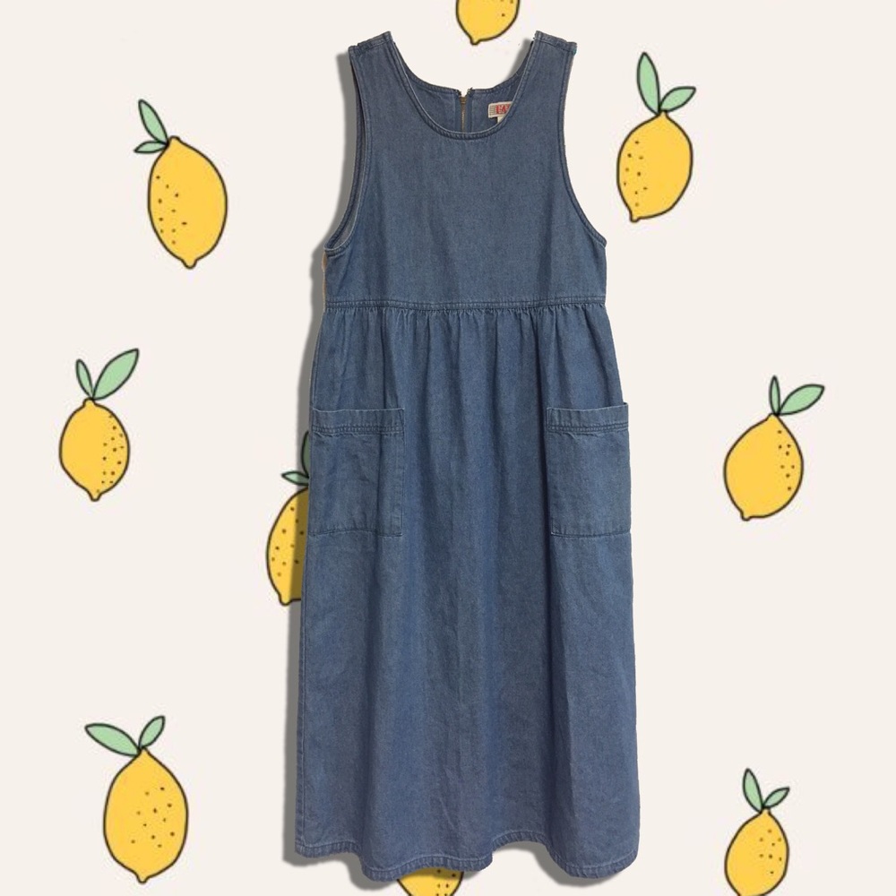 SOLD 🌻 FADS denim jumper dress / pockets - Picture 1 of 7